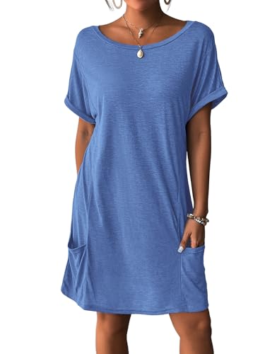 AI'MAGE Strandkleid Damen Shirtkleid Luftig Strandshirt Loose Sommer Bikini Cover Up mit Taschen Beach Dress Strandponcho Blau S