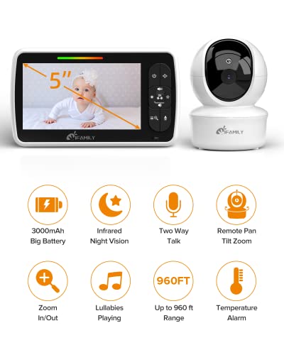 Baby Monitor – 5” Large Display Video Baby Monitor With Remote Pan-Tilt-Zoom |Infrared Night Vision, Temperature Display, Lullaby, Two Way Audio |960Ft Range Baby Monitor With Camera And Audio #TOP1