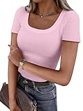 ANRABESS Women Short Sleeve Tops Scoop Neck Ribbed Knit Slim Fitted Basic Tee Shirts Casual Summer Clothes 2025 Fall Outfits Pink X-Large