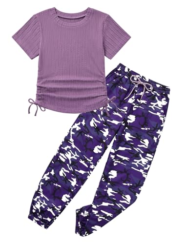 Image of ESHOO Teen Girls 2 Piece Outfits Kids Girls Ruched Drawstring Ribbed Knit Short Sleeve T Shirt Camouflage Pants Clothing Set