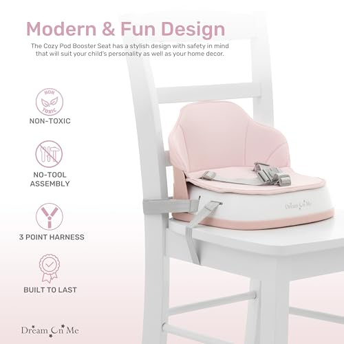 Image of Dream On Me Cozy Pod Baby Booster Seat for 6-36 Months, Portable Travel Booster Chair with 3-Point Safety Harness & 2 Fixing Belts, for Table & Dining, Lightweight Foldable & Easy to Carry - Pink