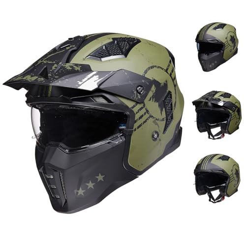 ILM Casco Moto Integrale Donna Uomo Adulti 3/4 Jet Vintage Scooter Motocross Cruiser ATV UTV Omologato ECE22.06 Modello Z302,Verde Militare,XL