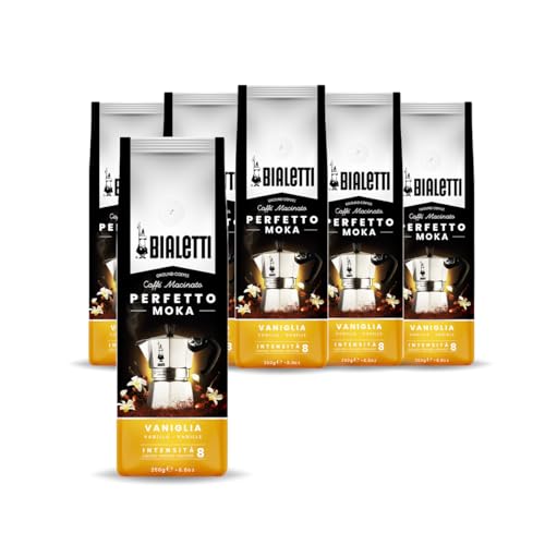 Bialetti - Perfetto Moka Vanilla: Café Molido Tueste Medio, Aroma de Vainilla,250 g x 6, Paquete con Válvula Unidireccional para Preservar el Sabor