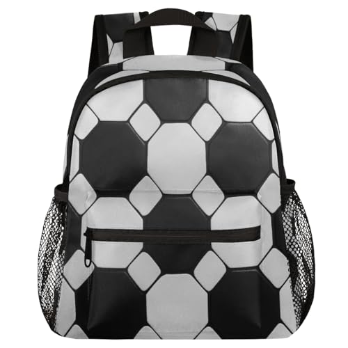 Image of Toddler Sports Backpack for Boys Girls,12 Inch Kids Backpack for Preschool Kindergarten Elementary,Lightweight Small Bookbag with Chest Strap for Daycare Travel,Black White Soccer Ball Texture