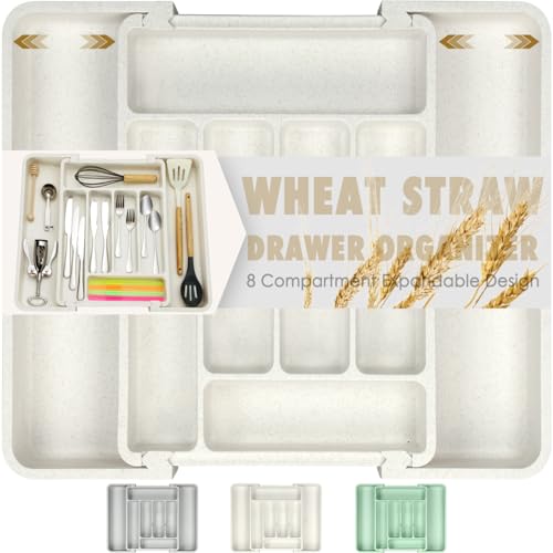 FANCILLA Wheat Straw Silverware Organizer for Kitchen Drawers, Large Expandable Kitchen Utensil Drawer Organizer, Adjustable Cutlery Drawer Organizer Holder, Dishwasher Safe Tray (White)