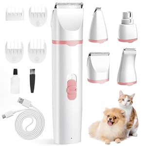 4in1 Leise Hundeschermaschine für Kleine & Mittelgroße Hunde Katzen, Usb Aufladbar Pfotentrimmer für Hunde mit 4 Abnehmbare Multifunktions-Schneidköpfen für Augen/Ohren/Pfoten/Nagel (Rosa)