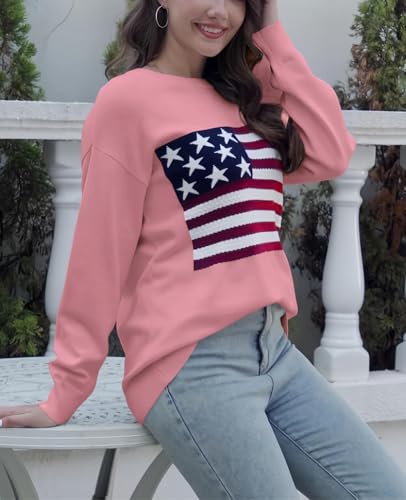 Image of Dressmine Womens American Flag Knit Sweater Crew Neck Long Sleeve Pullover