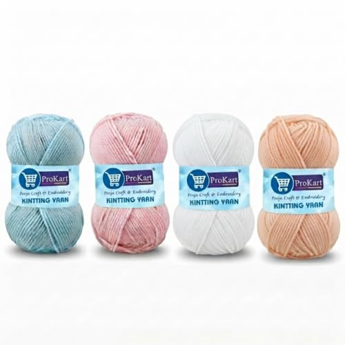 Image of ProKart - 4 Ply Plush & Cuddly for Knitting & Crochet | Pastel Yarn for Baby Toys & DIY Crafts | 100g, Pack of 4 (Baby Blue, Baby Pink, White, Peach)