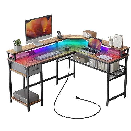 Escritorio moderno para juegos en forma de L con regleta de alimentación LED y estantes de almacenamiento, fácil montaje, 150 x 120 cm, color negro