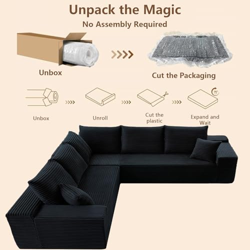 Image of Oversized Modular Sectional Sofa Couch, Large 5 Seater Corner Sofa Modern V Shaped Sectional Couch Cloud Couches for Living Room, Office, Spacious Space, Corduroy, No Assembly Required, Black