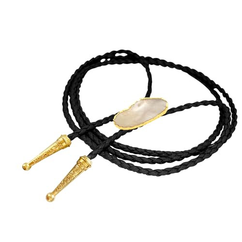 Image of Daisy Del Sol Gemstone Bolo Tie Braided Vegan Faux Leather Natural Stone Gold Handmade Necklace Adjustable Boho Western Jewelry