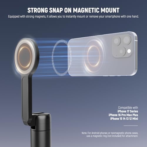 Image of NEEWER Basics 5.48' Magnetic Selfie Stick Tripod Compatible with MagSafe iPhone Android, Portable Travel Cell Phone Stand with Remote, One Button Unfold for Vlog Video Recording Streaming, PA989