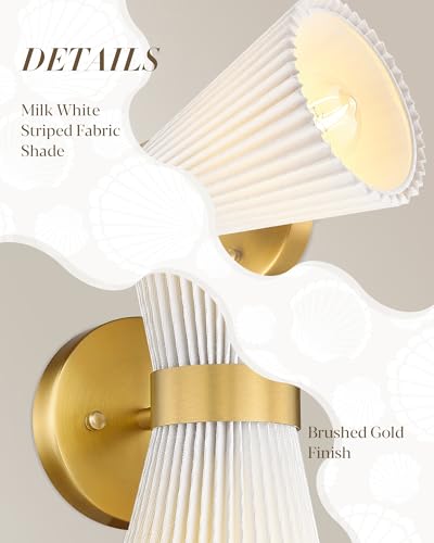 Image of Wall Sconces Set of Two, HWH 14.3 Inch Gold Bathroom Light Fixtures with Milk White Striped Fabric Shade, Modern Wall Light fixtures for Living Room Bedroom, 5HZG97B-2W-2PK BG-FB