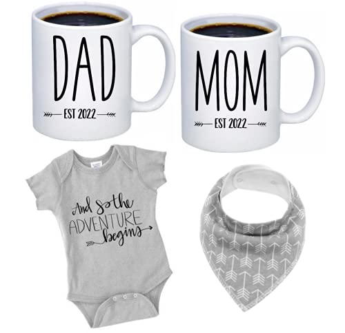 Pregnancy Gift Est 2022 – New Mommy and Daddy Est 2022 11 oz Mug Set with”and So The Adventure Begins” Romper (0-3 Months) – Top Mom and Dad Gift Set for New and Expecting Parents to Be – Baby Shower