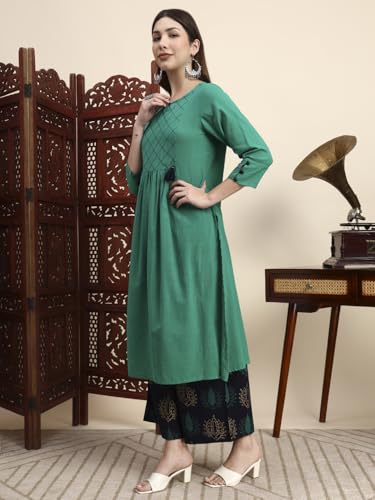Image of idaLia Cotton Straight Kurta Set for Women with Palazzo 3 /4 Sleeve, Round Neck Designer Kurta with Palazzo Pant Set