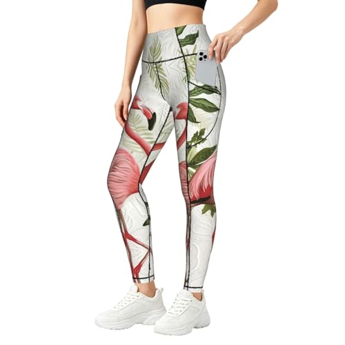 Leggings para correr con control de abdomen pantalones de yoga con flamencos blancos