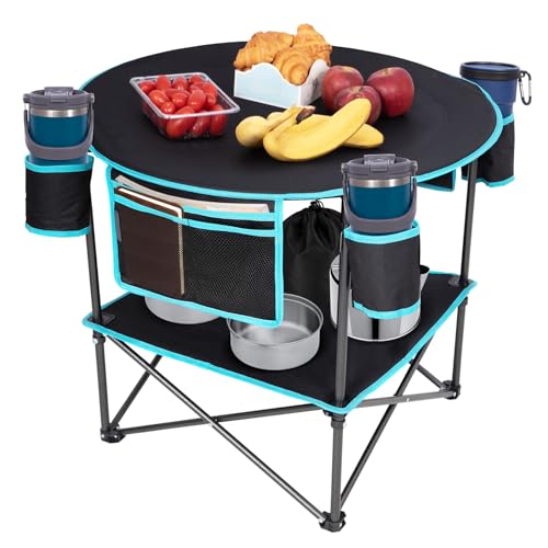 FUNDANGO Portable Camping Table Foldable Lightweight 2-Tier Folding Beach Table with 4 Cup Holders & Carry Bag for Picnic Tailgate Backyard Outdoor