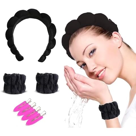 KIKEVITE Bachelorette Party Favors - Pack of 7 Spa Hair Accessories for Women - Bachelorette Terry Cloth Headband, Wrist Scrunches and Hair Clips Bride to Be Sash Bridesmaid Gift (Black) Cover