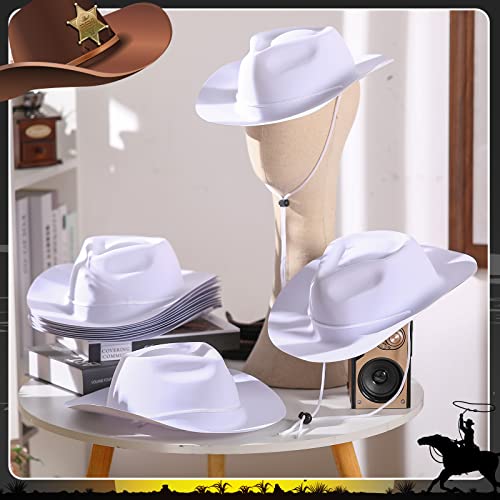 Mepase 24 Pieces Disposable Plastic Western Cowboy Hat Set Felt Wide Brimmed Cowgirl Hats for Men Women Costume Party(White)4
