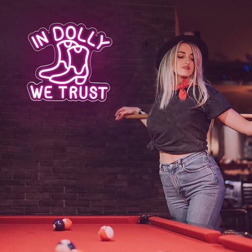 Image of In Dolly We Trust Neon Sign for Wall Decor Cowgirl Boots for Man Cave | Country Retro Style, Rustic Decoration for Home Party, Birthday Gifts for Women 12.2*11.6in