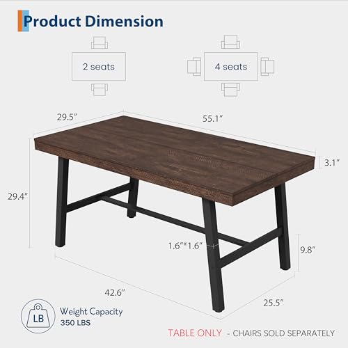 Image of GarveeHome Industrial Dining Table for 2-4, 55 inch Heavy Duty Rectangular Kitchen Table with 2 inchx2 inch Metal Legs, Small Space Dining Table for Kitchen, Dining Room (Rustic Birch, 55 inch Non-extendable)