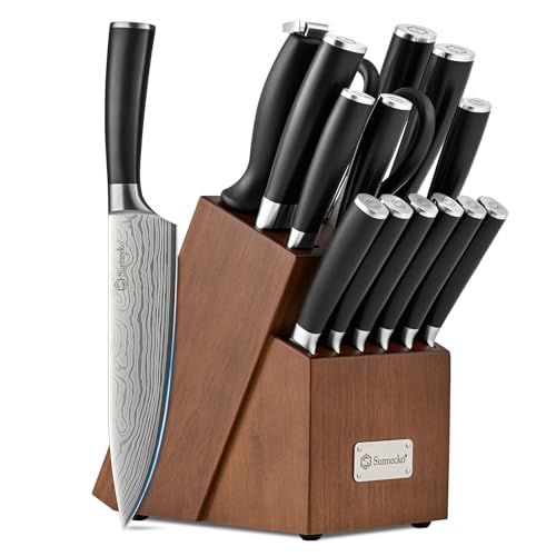 Image of Sunnecko Knife Set with Block and Sharpener, 15 Pcs Kitchen Knife Block Set