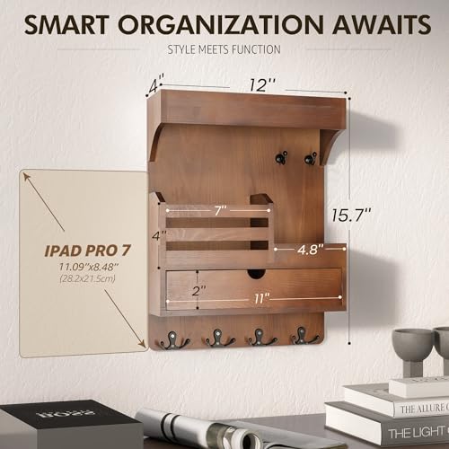 Rebee-Vision-Key-Holder-Wall-Mount-with-Drawer-Organizer-for-EntrywayBrown-Pine-Wood-6-Key-Hooks-Display-Shelf-for-Plants-Mail-Slot-for-Storage-Letter-Multi-Funtional-Design-Home-Storage