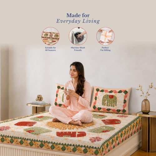 Image of Jaipur Weaves Bedsheet King Size 100% Pure Cotton Bed Sheet with 2 Pillow Covers, 144 TC Premium Bedding Set, 72x78 inches,(Royal Elephants Green, Super King Fitted)