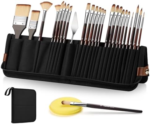 REDSHELL 26pcs Paint Brush Set, Travel Watercolor Acrylic Paint Brushes with Flat, Filbert, Fan, Dagger, Cat Tongue, Round, Palette Knife, Professional Paintbrush Kit for Artist, Oil, Face Painting