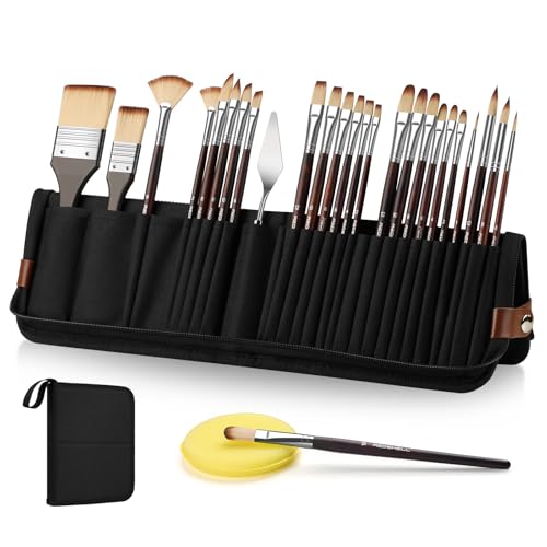 REDSHELL 26pcs Paint Brush Set, Travel Watercolor Acrylic Paint Brushes with Flat, Filbert, Fan, Dagger, Cat Tongue, Round, Palette Knife, Professional Paintbrush Kit for Artist, Oil, Face Painting
