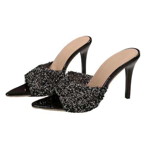 Women'S Sequined Pointed Open Toe Stiletto Heel Walking Slide Sandals Fashion Elegant Shiny Slip-On Comfort High Heel Dress Mule Slippers For Prom Wedding Party