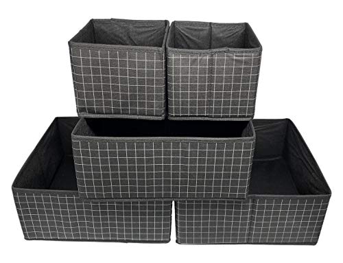 Image of House of Quirk Non-Woven Foldable Cloth Storage Box Closet Dresser Drawer Organizer Cube Basket Bins Containers Divider with Drawers Set of 6(Black Grid),28x28x13 cm