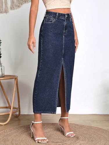 Image of Shasmi Women's Elegant Blue Solid High Waist Split Thigh Denim Maxi Skirt for Women's & Girl's (Skirt 180)