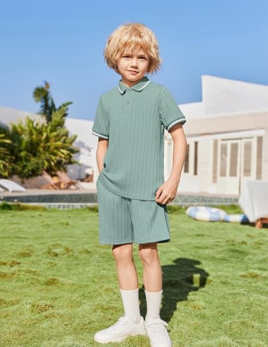 Image of Arshiner Boys 2 Piece Outfits Button Polo Shirt & Elastic Shorts 4-13 Years