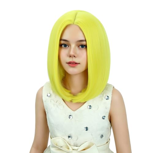 Image of Kids Yellow Wig Girls Light Yellow Bob Wig Child Short Bob Wig Middle Part Wig for Kids Synthetic Wigs with Wig Cap