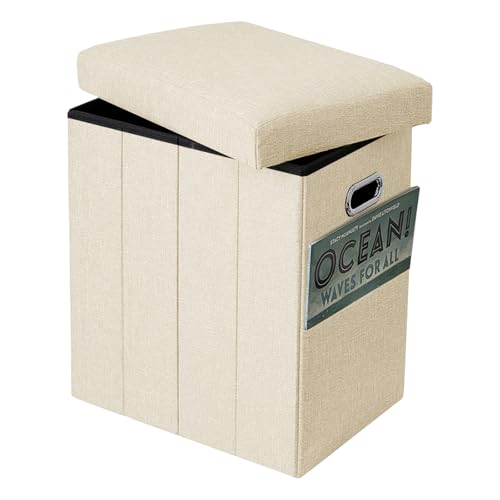 Emosoon Tall Ottoman with Storage Collapsible Fabric Small Slim Folding Ottoman Furniture with Handles Lid for Room Footrest Foot Stool Linen Beige 16.5x16.5x11.8in