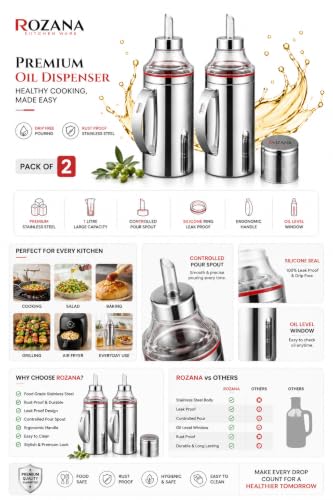 Image of Stainless Steel Oil Dispenser for Kitchen | 1 Litre | No Spilling Return Ventilation Hole | Dust-Proof Cap | Anti-Leak Design | Easy Clean Wide Mouth Oil Bottle for Cooking (Modern, 2, count)