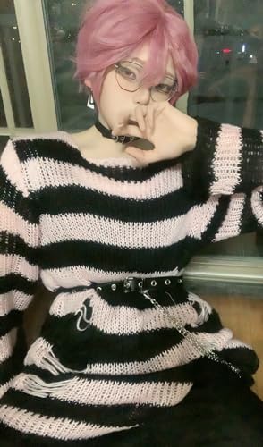 Image of Goth Y2K Striped Sweater Grunge Ripped Punk Gothic Sweaters for Women
