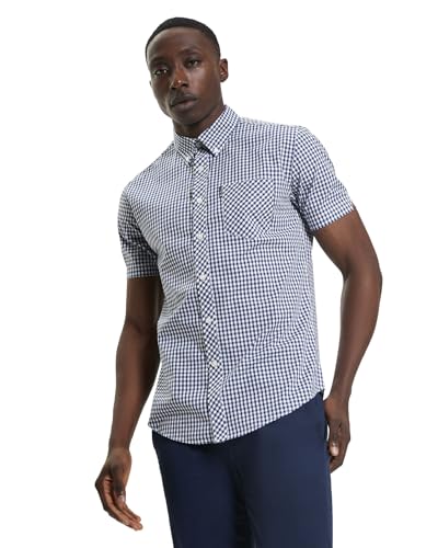Ben Sherman Camisa casual de manga corta con botones para hombre, Azul oscuro., L