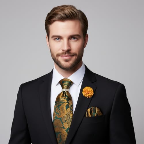 Image of 5PCS Mens Premium Silk Tie, Pocket Square, Cufflinks, Drilled Tie Ring and Lapel Pin Set for Wedding Groom Party