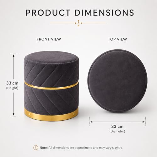 Image of Premium Velvet Puffy Ottoman Stool for Living Room | Round Footrest with Diagonal Channel Stitching & Gold Metal Base | Luxury Pouffe for Bedroom & Dressing Area (Black)