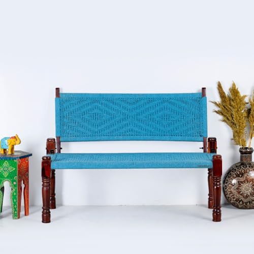 Image of Srima Wooden Bench for Living Room | Handcrafted Sheesham Wood Backrest Bench for Balcony & Garden | Traditional Rajasthani Patio for Outdoor with Cotton Handwoven Rope | Blue