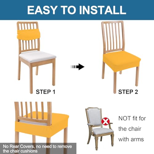 Image of Smiry Waterproof Seat Covers for Dining Room Chairs, No Rear Covers | Stretch Jacquard Removable Washable Chair Seat Slipcovers Protector, Set of 6, Mustard Yellow