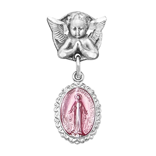 Image of Rosemarie's Religious Gifts Petite Angel Pin with Sterling Silver Enameled Oval Miraculous Medal of Mary