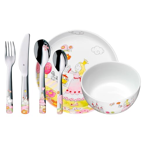 WMF Juego de vajilla infantil de princesa Anneli – 6 piezas con nombre – Personalizable con grabado – plato, vaso, cuenco y cubiertos – Porcelana – Regalo para niñas