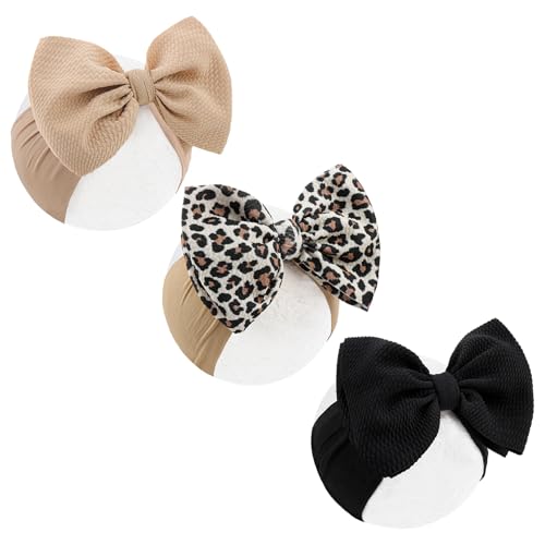 Lanmerry 3 Pcs Baby Girl Bows Leopard Print Headbands for Girls 6’’ Brown Bow Toddler Hair Accessories Newborn Infant Baby Hair Wrap