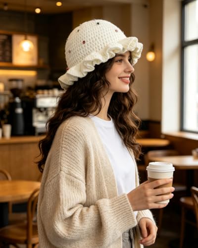 Image of Women Crochet Bucket Hat Cute Winter Ruffled Brim Floppy Cap Handmade Knit Cloche Hats