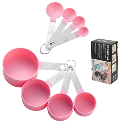 haierdidi Lot de 8 cuillères doseuses en plastique - Outil de mesure de cuisine - Avec poignée en acier inoxydable - Cuillères doseuses pour mesurer les liquides et les solides - Rose