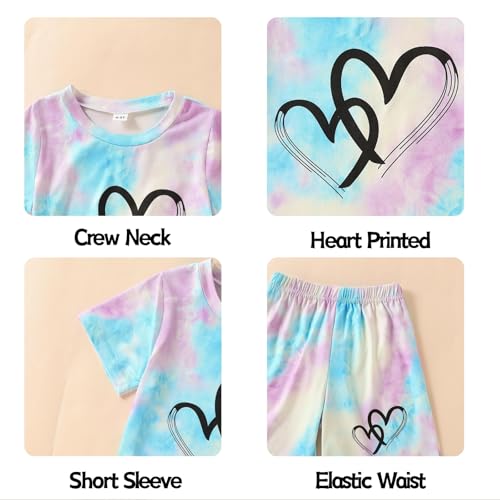 Image of Kids Girl Clothes Tie Dye Heart Print Short Sleeve Top and Shorts Toddler Girl Summer Outfits Short Set