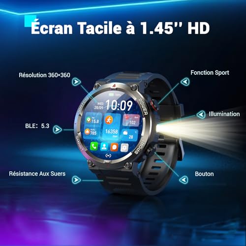 Blackview Montre Connectée Homme Femme, Illumination,Batterie 100 Jours, Écran Tacile 1.45" TFT, Appel Bluetooth, Cardiofréquence, Analyse Sommeil, 100+ Modes Sport,pour Android/iOS (Noire) – Image 3